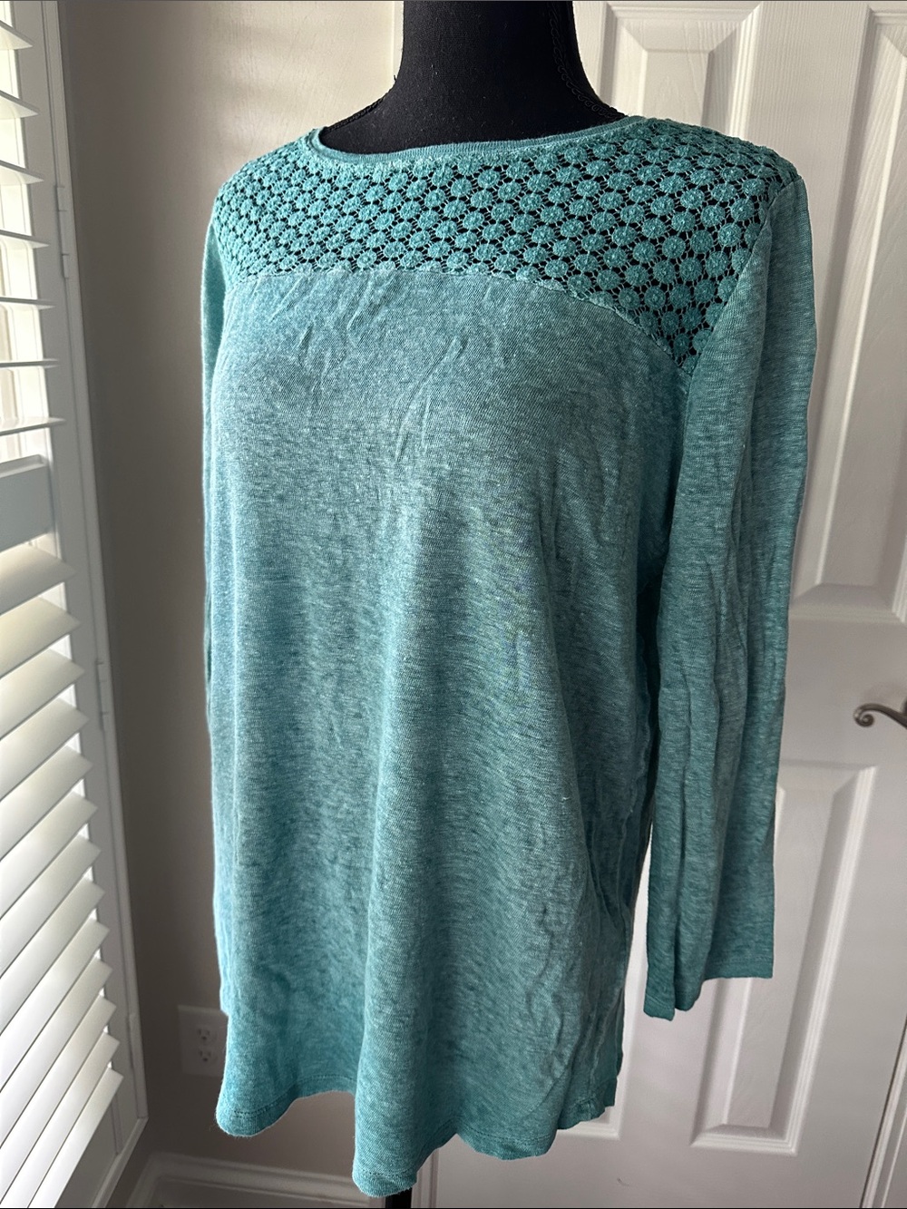Akemi + Kim Anthro Crochet Yoke Long Sleeve Top - Teal M